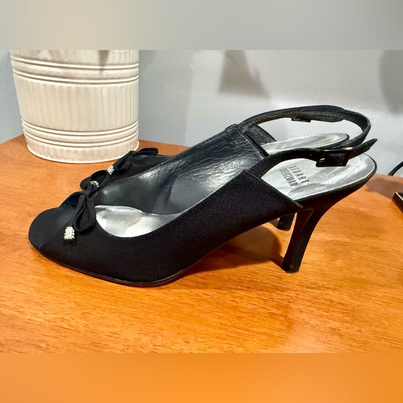 Stuart Weitzman Black Peep Toe Slingback Heels Bow Rhinestone Detail Size 9M - Picture 1 of 13